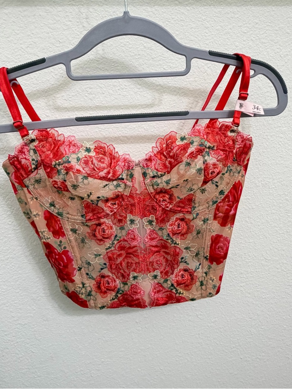 34C VS Dream Angels Tomato Red Embroidered Illuminating Blooms Corset Bra Top - Picture 14 of 14